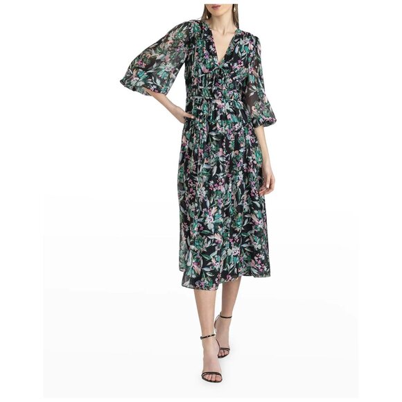 Anthropologie Shoshanna Silk Floral Midi Dress Sheer Puff Sleeve Wedding Guest 8 - Picture 11 of 11